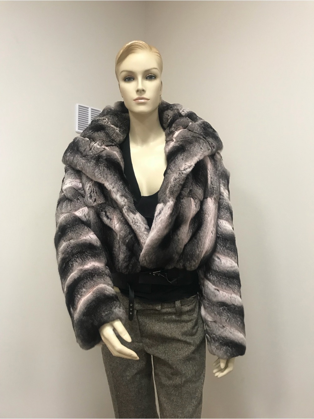 Plush Chinchilla luxury furs by Alexis & Gianni dyed Cropped Jacket in Charcoal